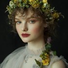 Young woman portrait with floral wreath and gentle gaze in ruffled blouse