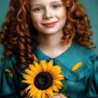 Golden-haired woman with sunflower and petals in turquoise attire