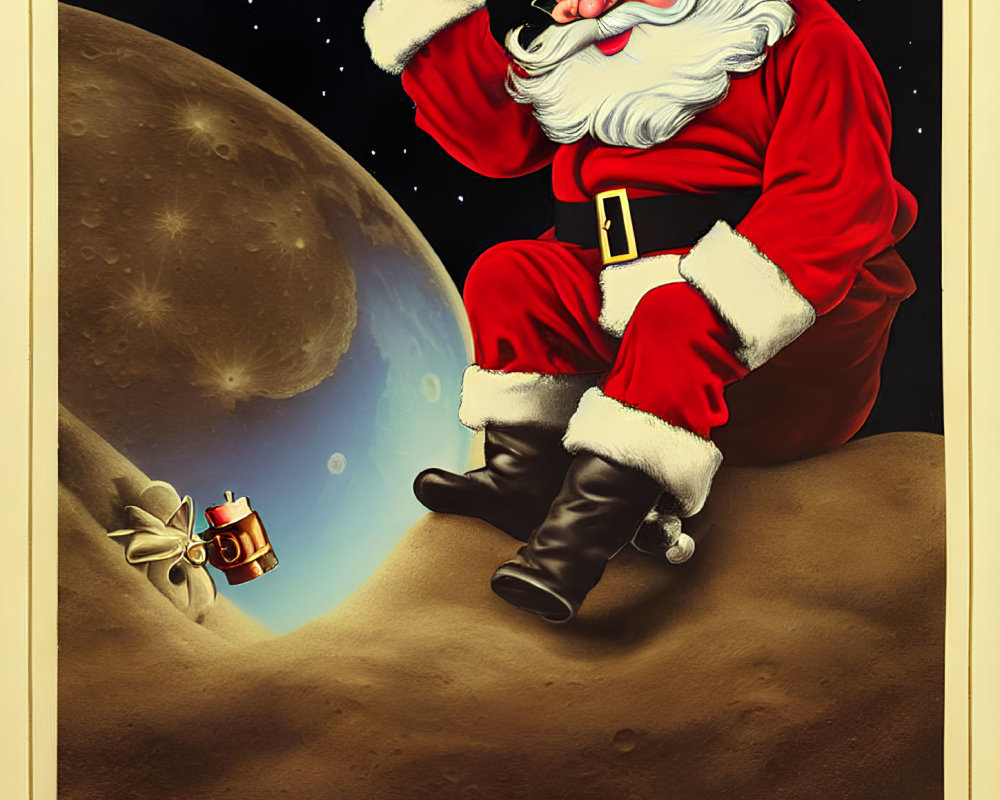 Santa Claus on Crescent Moon with Earth in Starry Night Sky