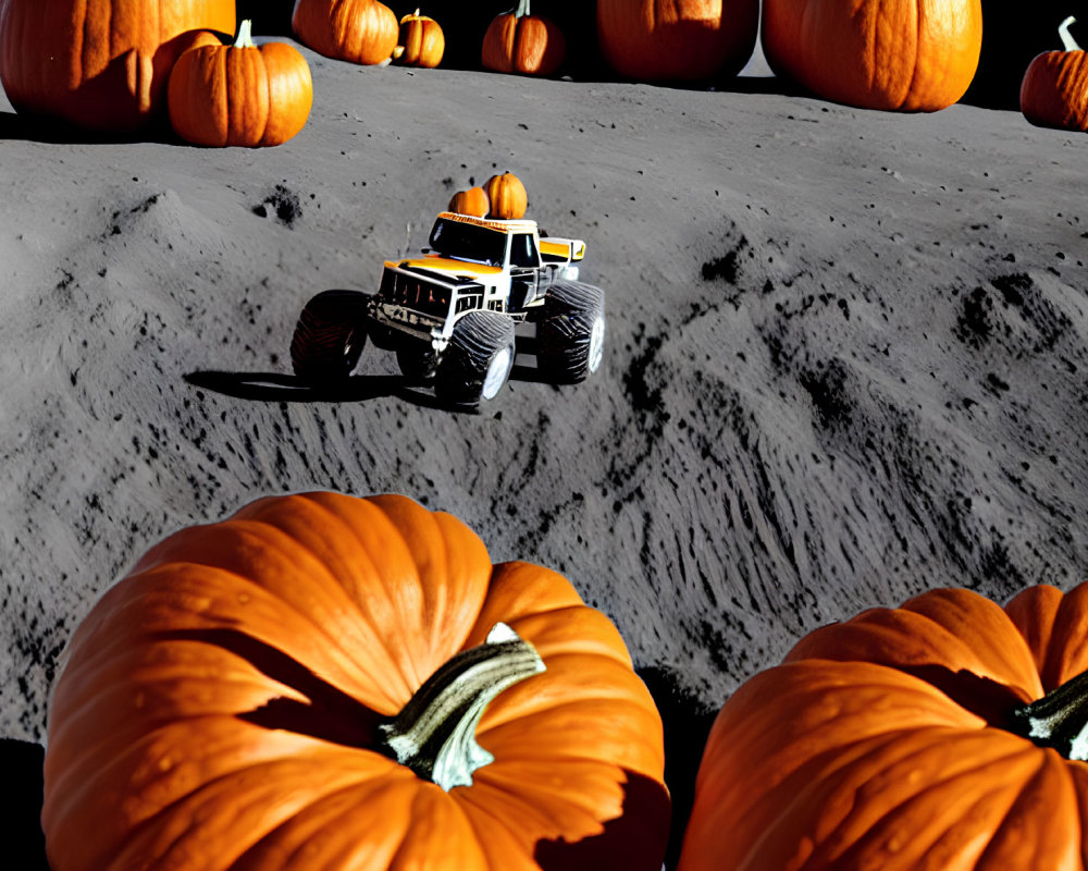 Surreal lunar rover among pumpkins on moon-like terrain