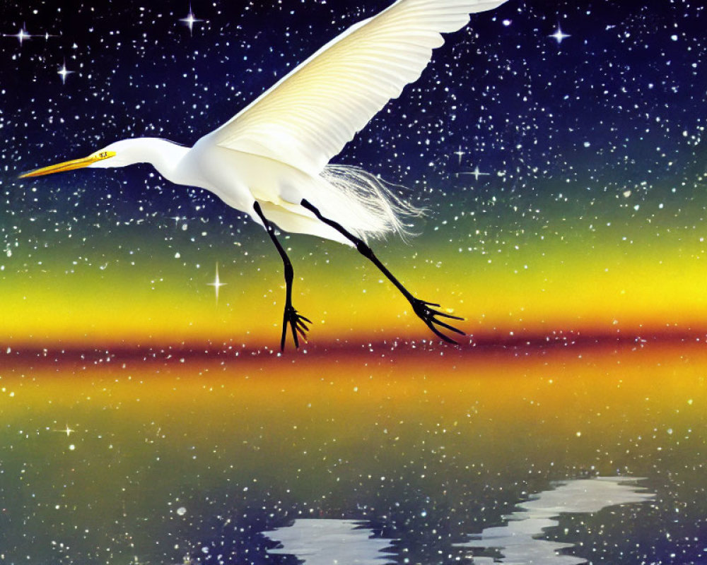 Great Egret Flying at Twilight with Starry Sky and Water Reflections