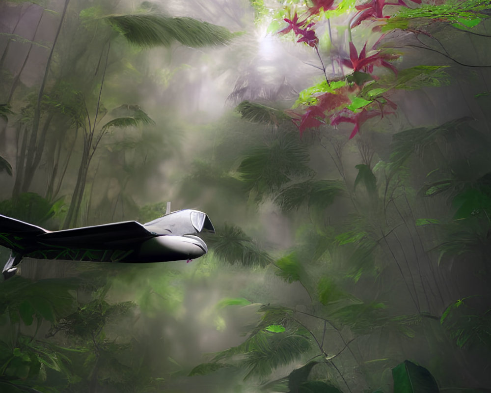 Futuristic hovering vehicle in lush jungle with red plants and sunlight.