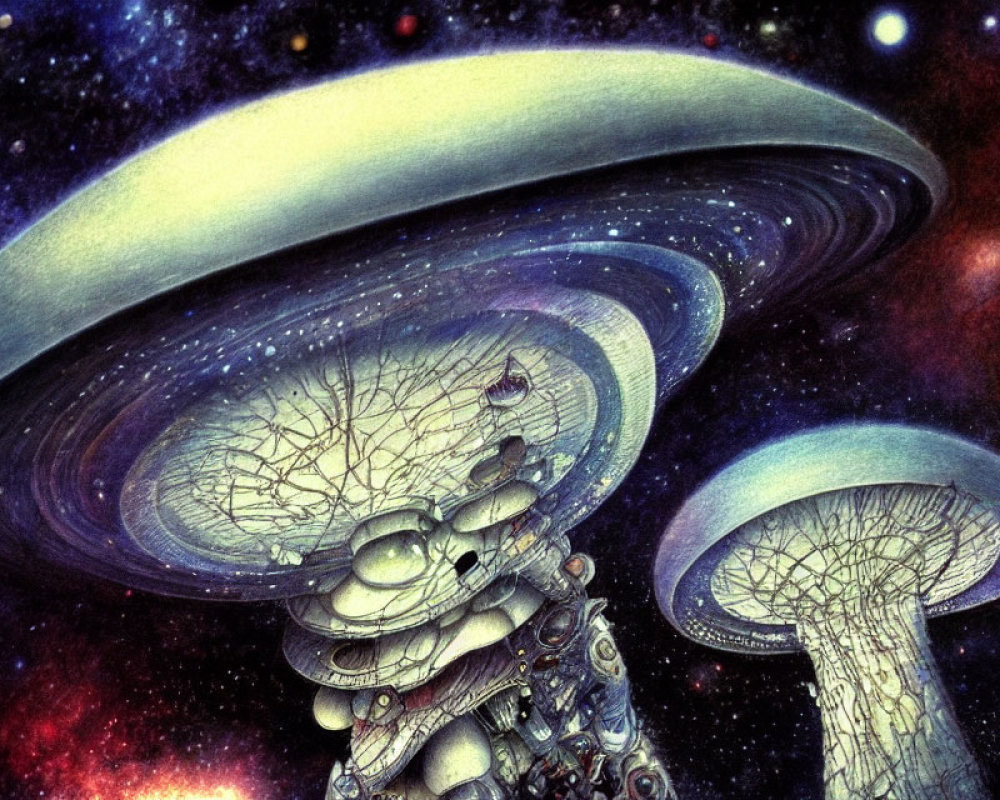 Surreal cosmic landscape with mushroom-like structures and Saturn-like rings.