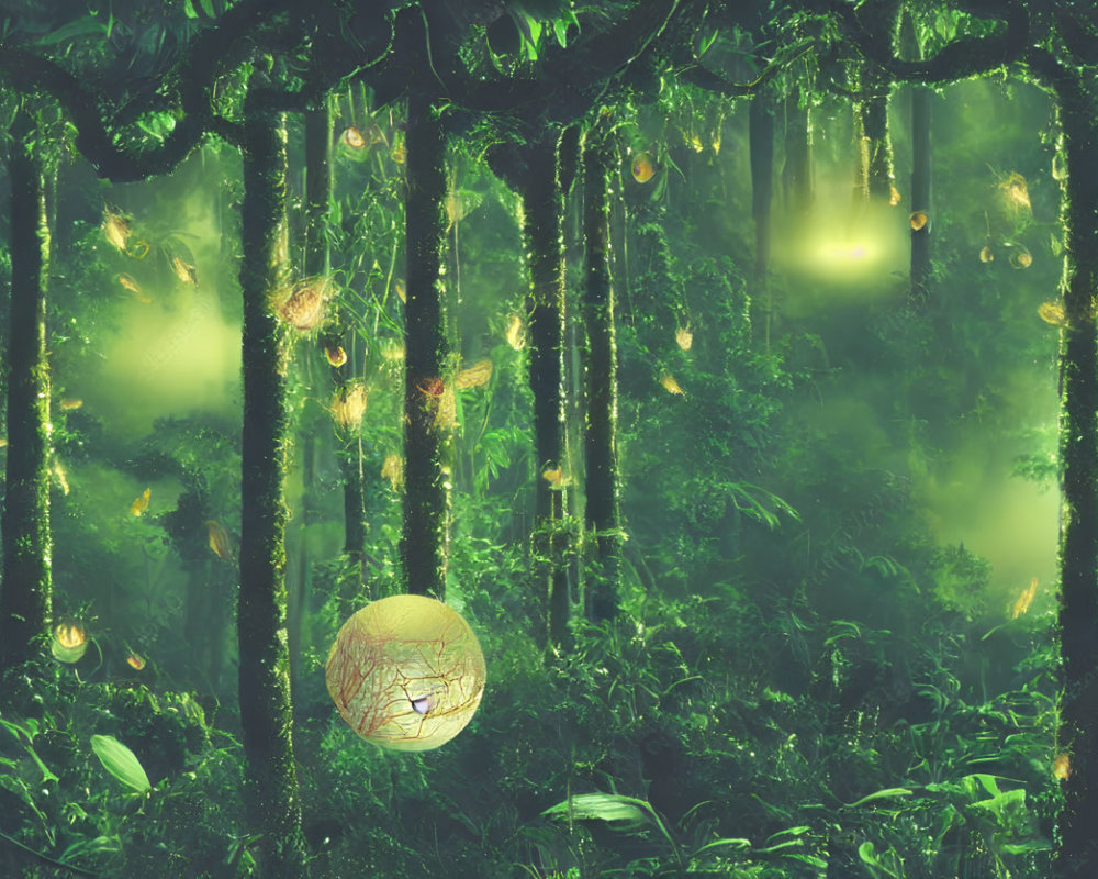 Enchanting Forest Scene with Glowing Orbs and Vines