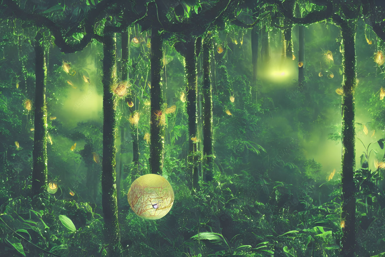 Enchanting Forest Scene with Glowing Orbs and Vines