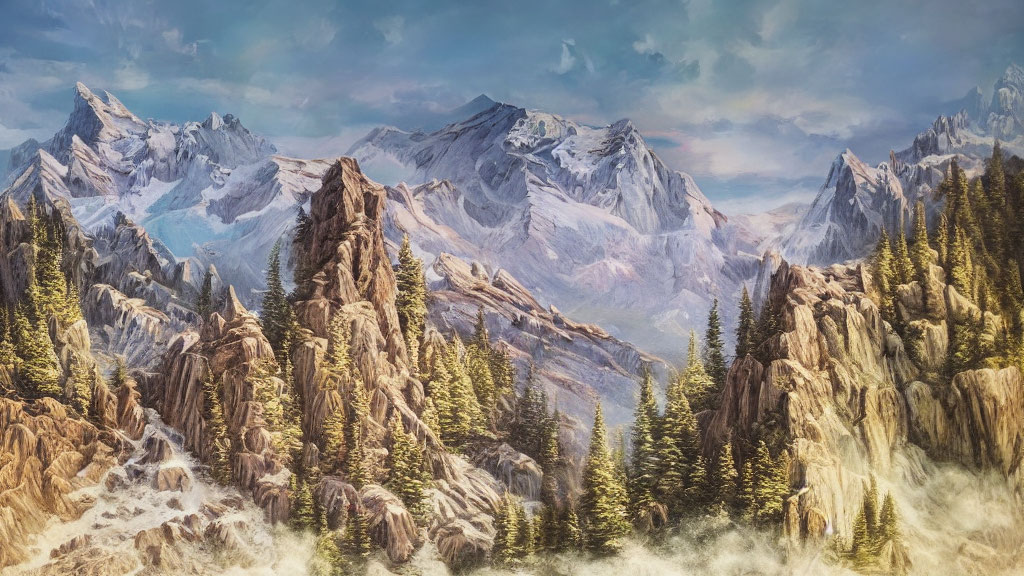 Majestic mountain landscape with rugged peaks and waterfall