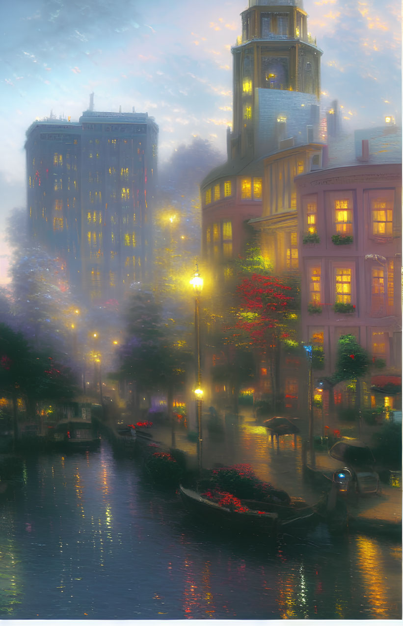 Cityscape at Twilight: Illuminated Buildings by Tranquil Canal