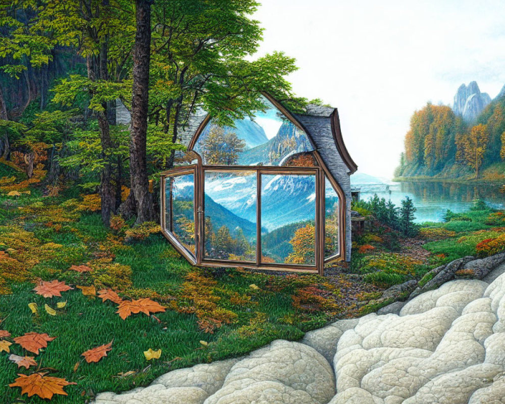 Glass house surrounded by autumn foliage near lake and mountains