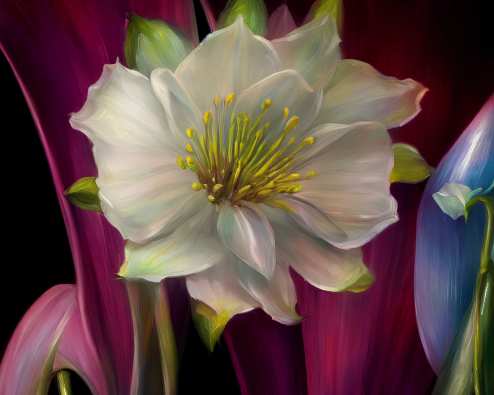 White Flower with Yellow Stamens in Digital Painting Against Dark Background