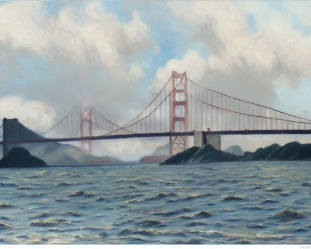 Golden Gate Bridge painting with choppy blue water and cloudy sky