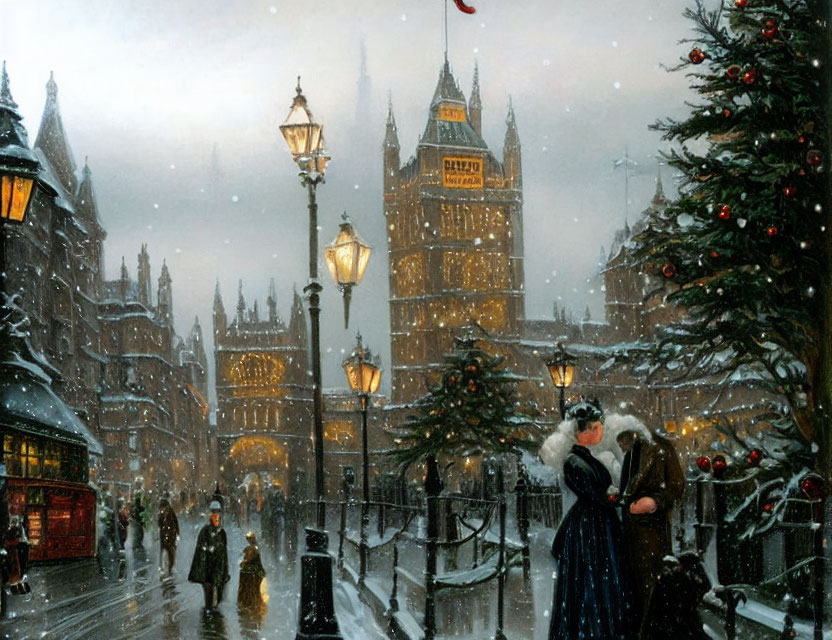 Victorian-era snow-covered street scene with gas lamps and gothic architecture buildings