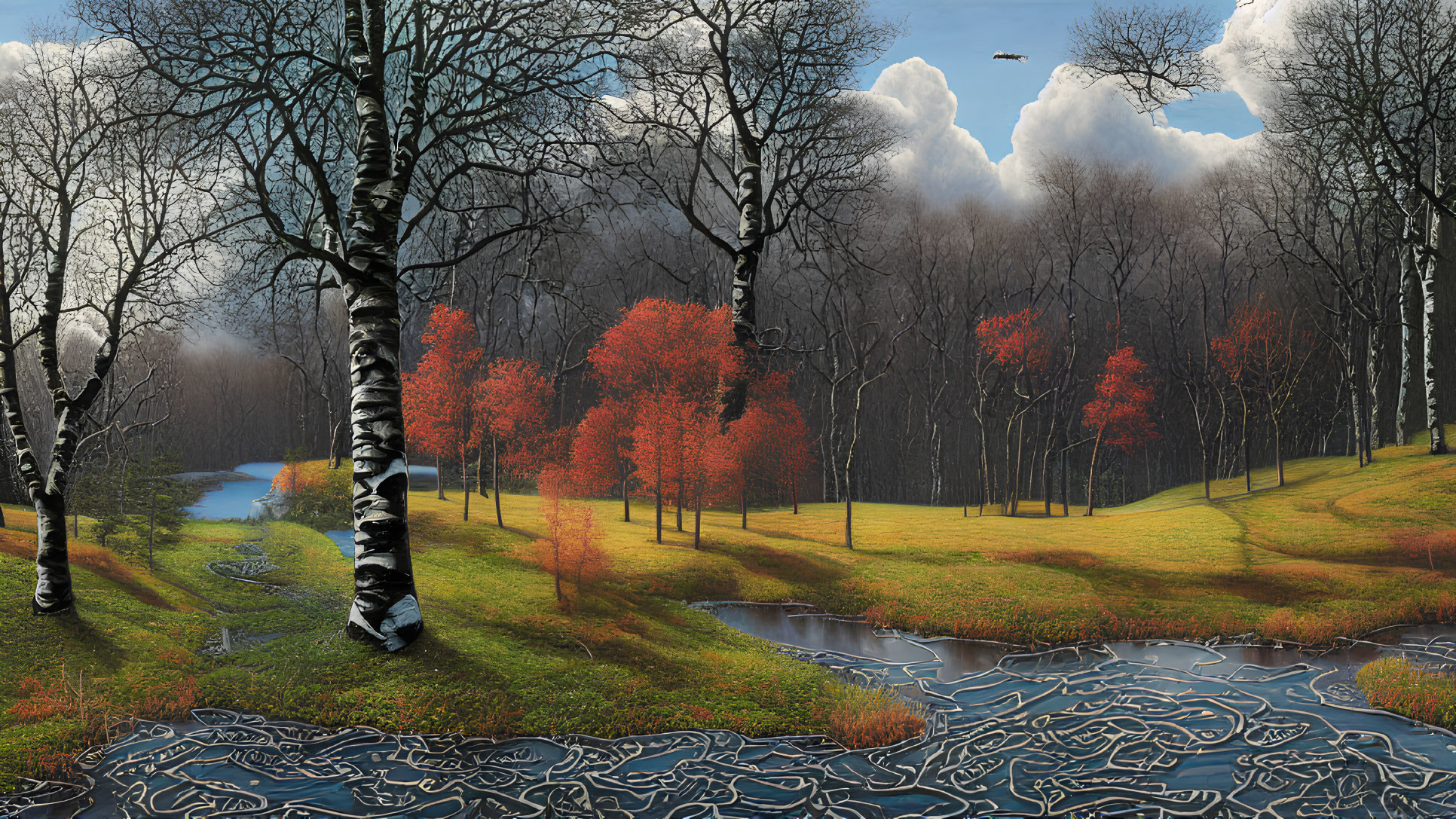 Stylized landscape with bare trees, river, red-leafed trees, hills, and cloud