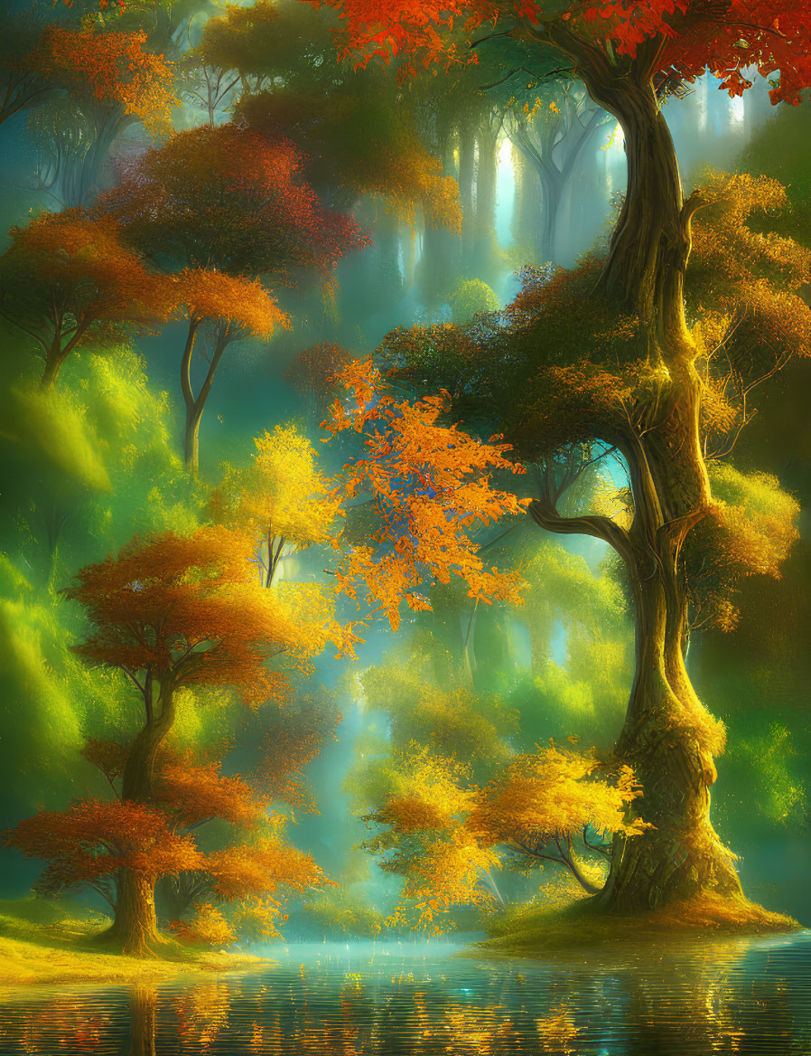 Autumn sunlight illuminating enchanted forest scene