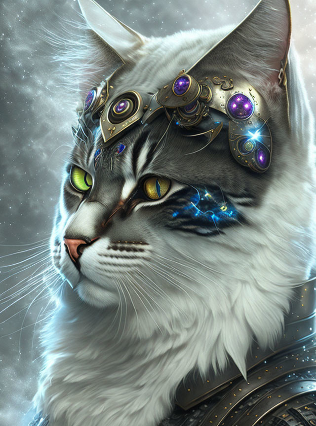 Majestic cat with golden headpiece and cosmic eye energy