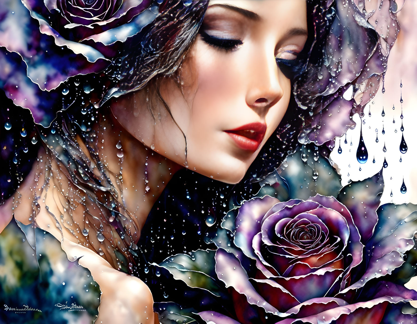 Woman's face blending with purple roses and leaves in surreal artwork