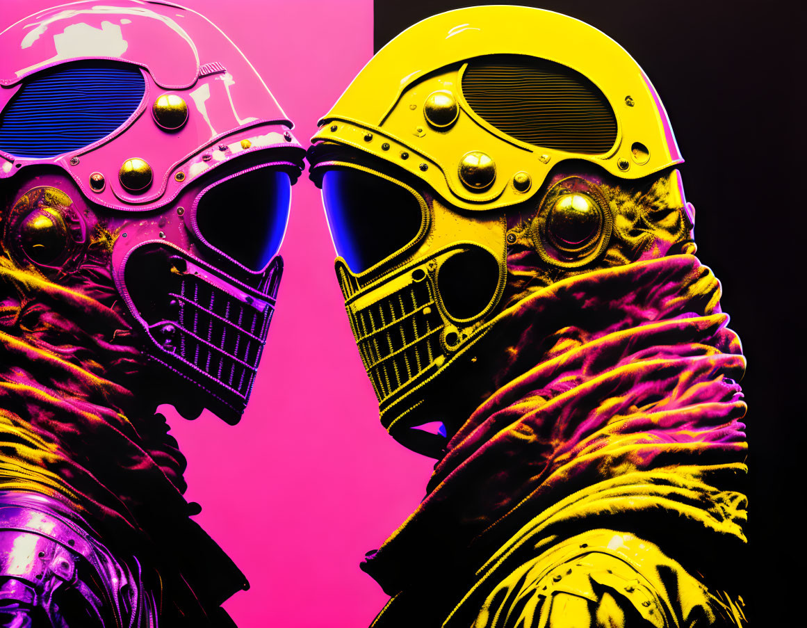 Neon-colored helmets on pink background: Futuristic sci-fi aesthetic