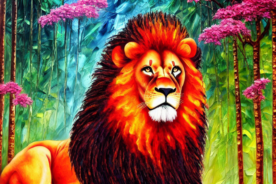 Colorful Painting of Majestic Lion with Red Mane in Lush Jungle