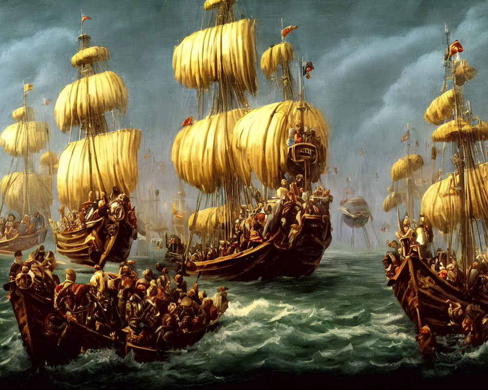 Majestic wooden ships with billowing sails on turbulent sea