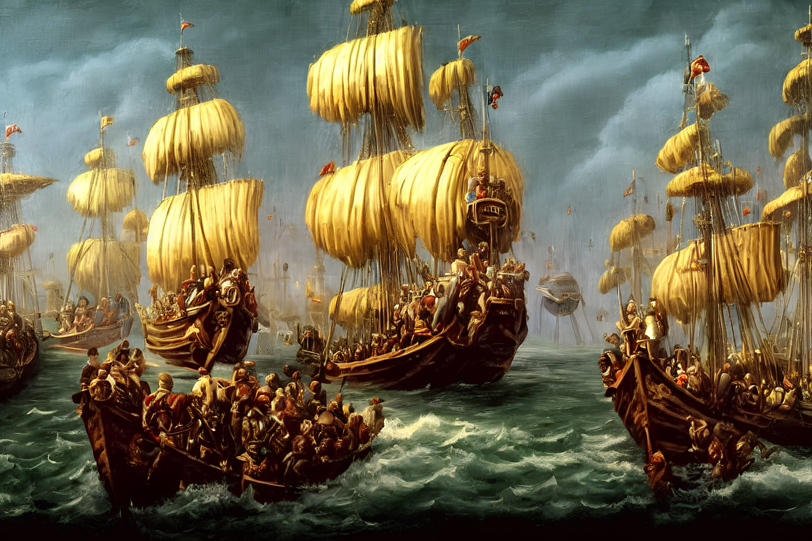 Majestic wooden ships with billowing sails on turbulent sea