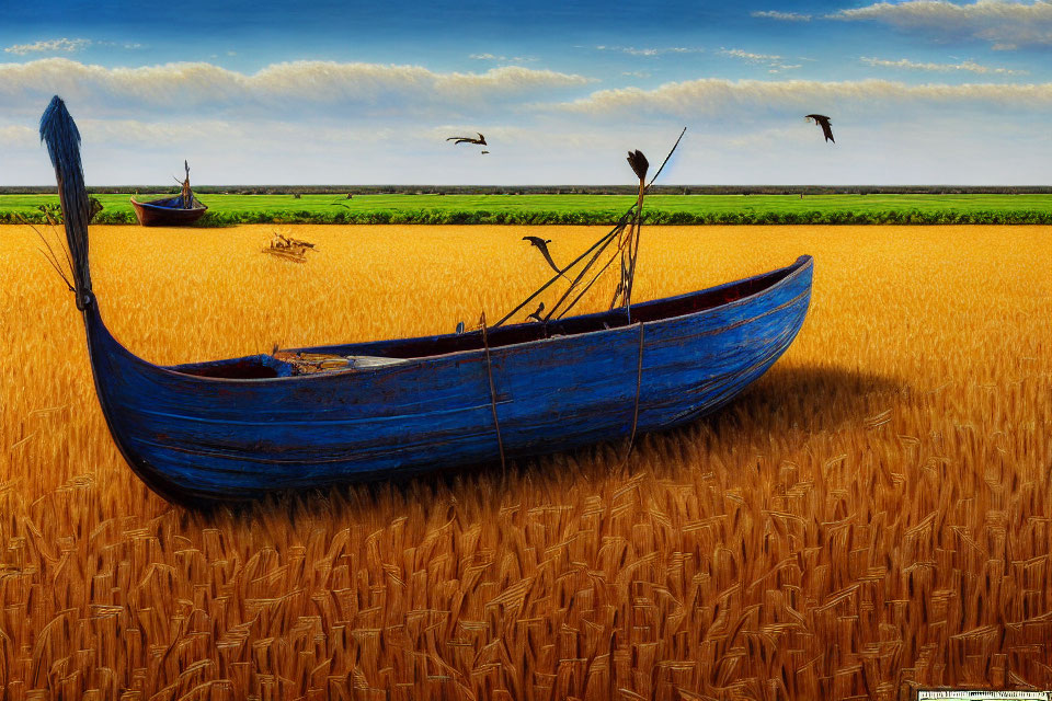 Surreal blue boat on golden wheat field with birds and greenery