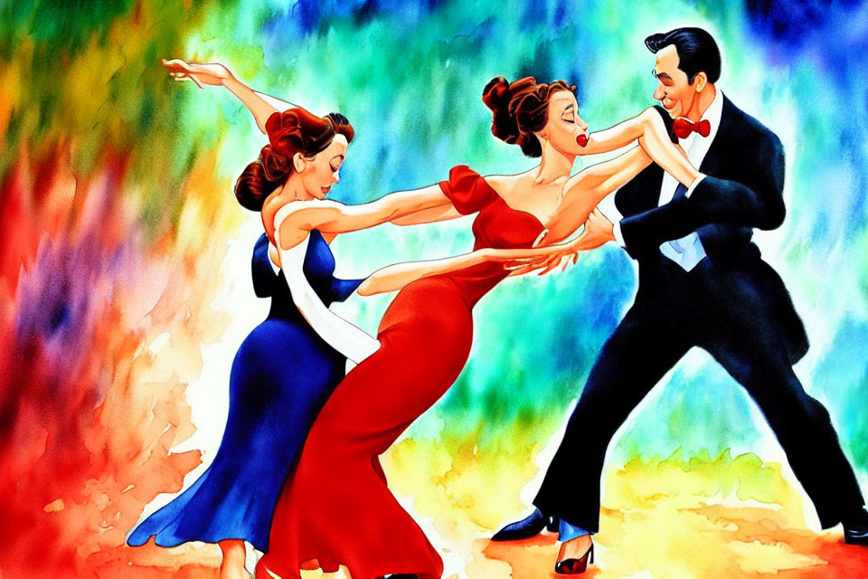 Colorful Watercolor Style Illustration of Three People Dancing in Elegant Attire