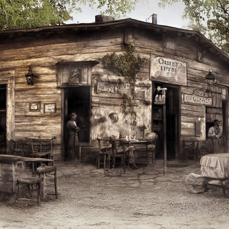 Rustic Old Tavern with Men Outside and Empty Tables