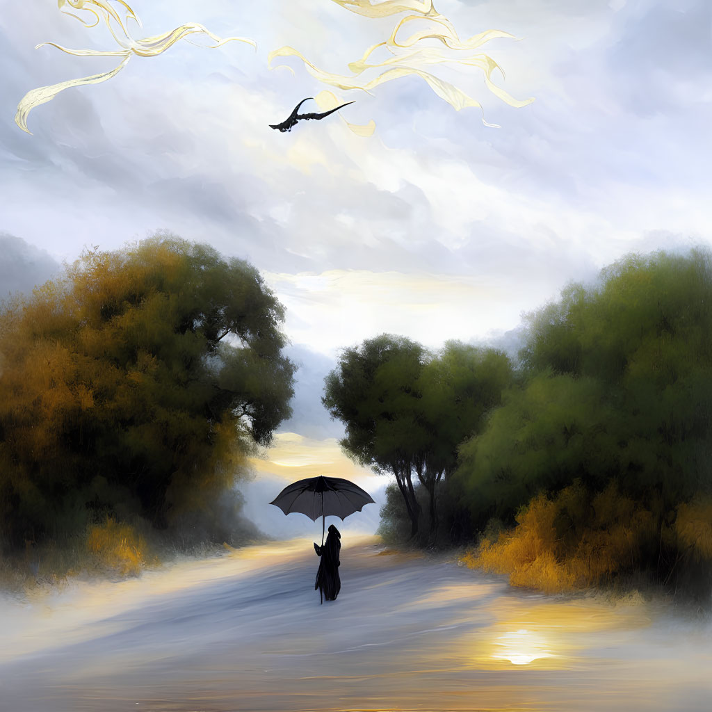 Person walking down misty road with umbrella surrounded by surreal sky and flying figure.