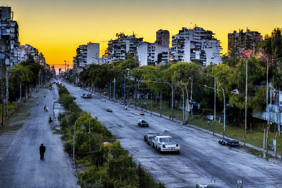 City street at dusk: cars, streetlights, pedestrians' silhouettes, high-rise buildings,