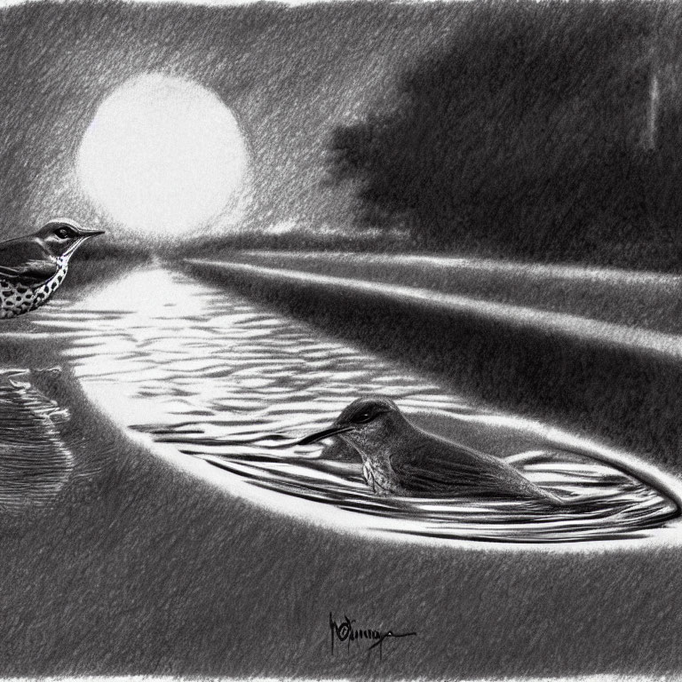 Bird swimming in water under moonlight with ripples and another bird on shore