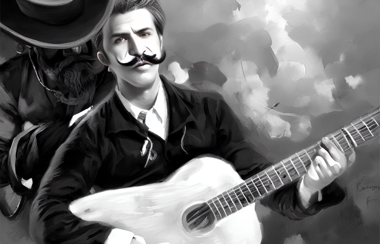 Monochrome drawing of man in vintage attire playing guitar