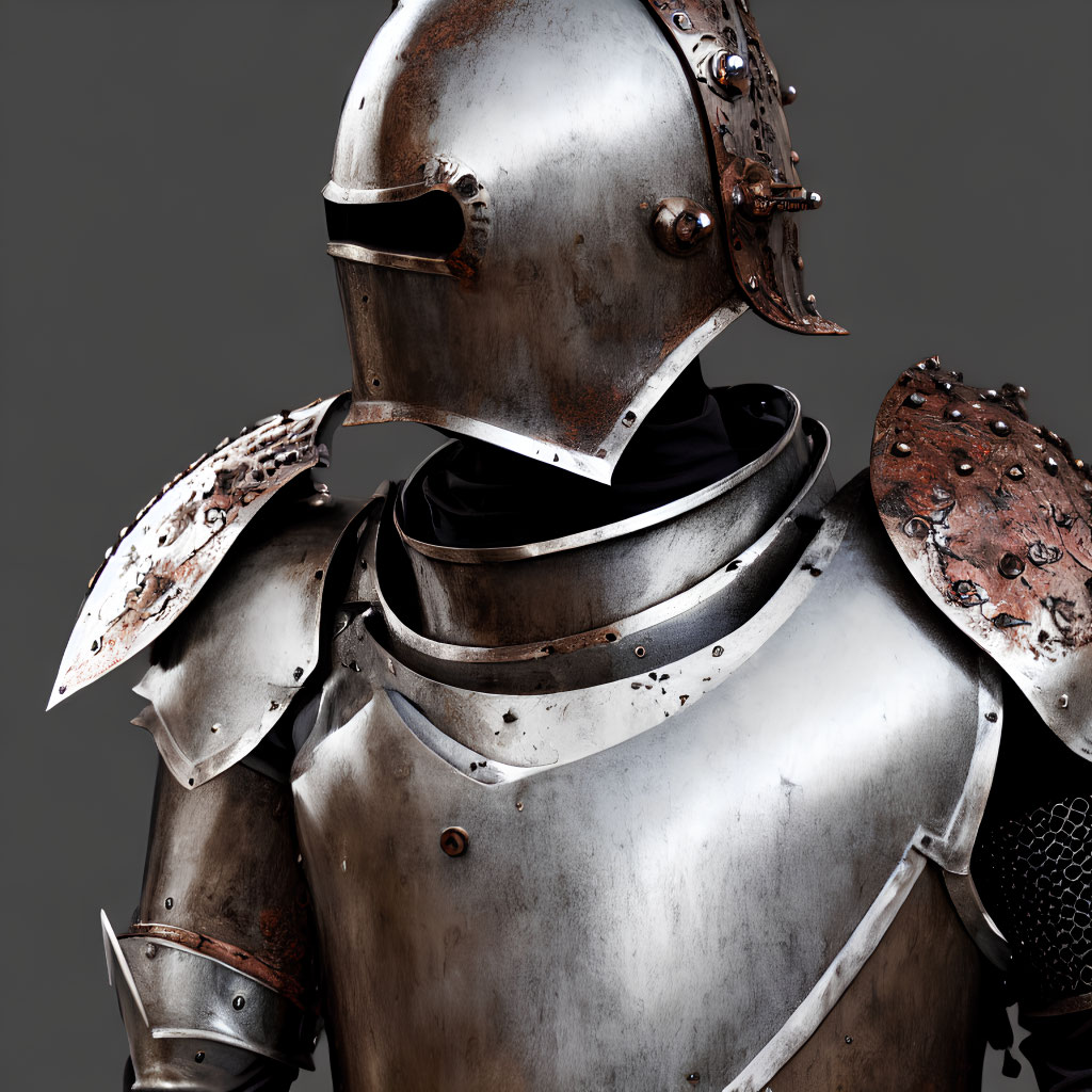 Rusted medieval knight's armor with helmet and pauldrons on grey background