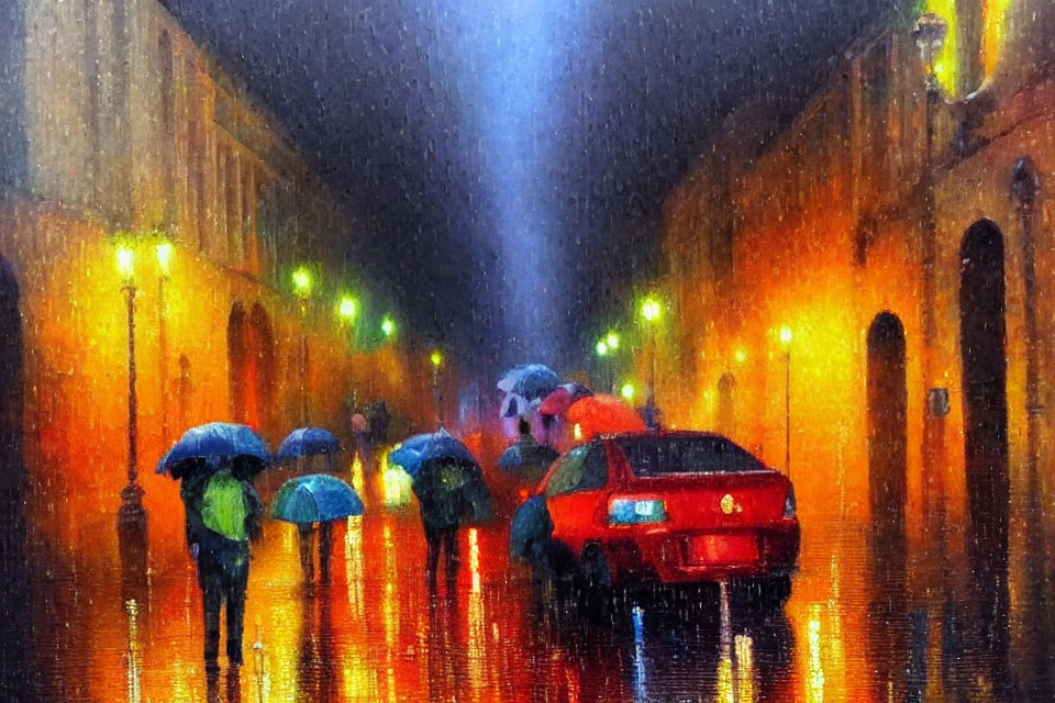 Rainy urban night painting with people and cars on wet streets