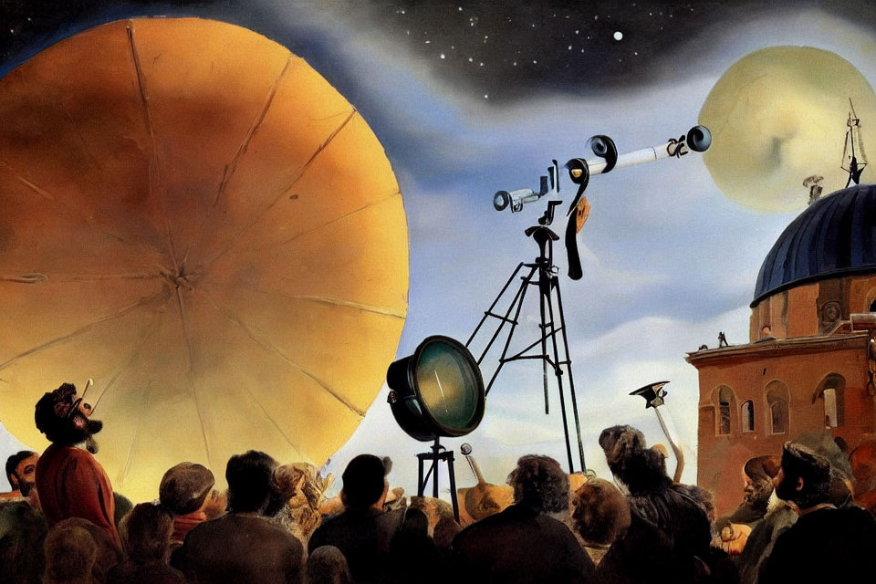 Crowd admiring oversized telescope under starry sky