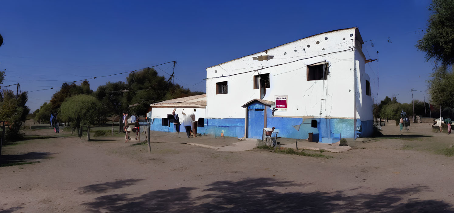 Rural Location: Sunny Day, People Walking, Blue and White Building