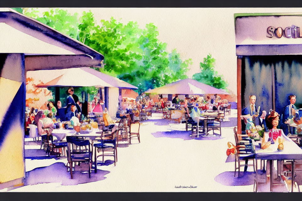 Colorful Watercolor Painting of Outdoor Cafe Scene