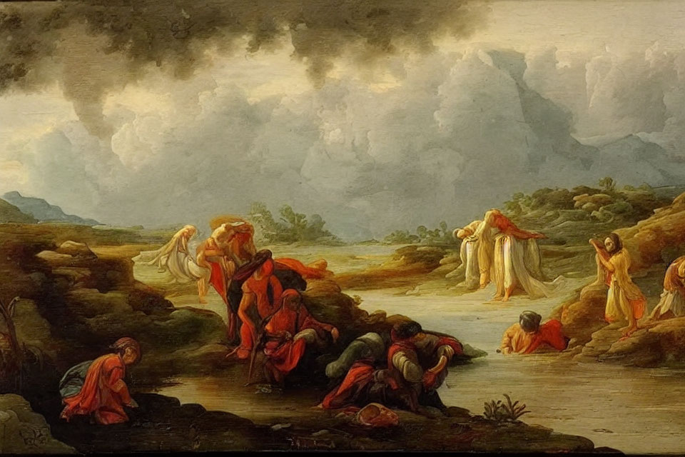 Classical painting of robed figures in bleak landscape