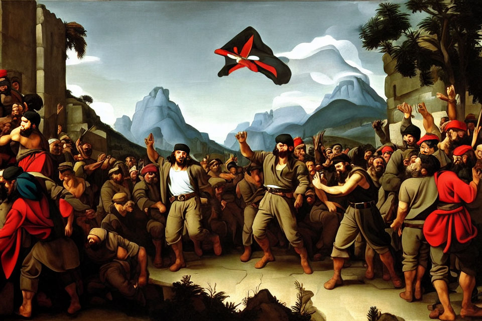 Historical painting: People in 19th-century attire protesting with man holding red hat flag