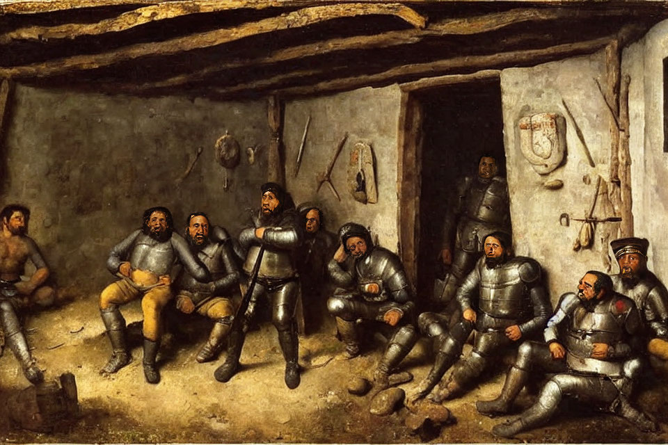 Armored men in rustic room with tools and objects