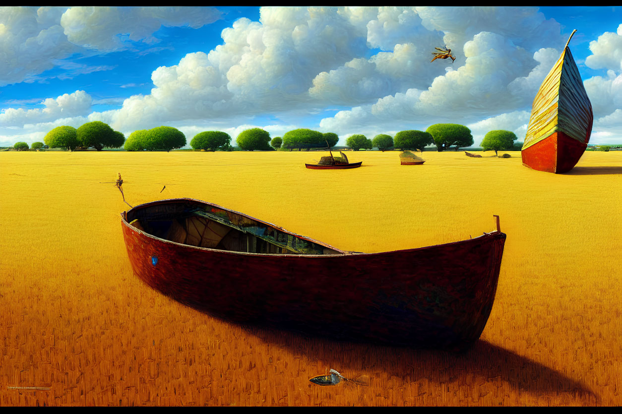 Surreal landscape with boats on dry cracked ground under blue sky