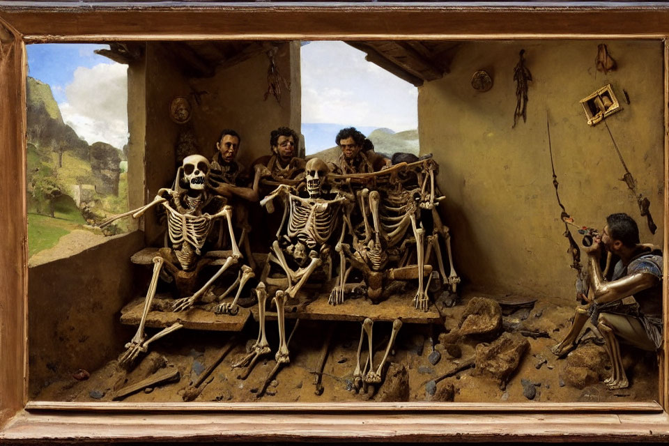 Detailed diorama of living person and skeletons in room with outdoor view