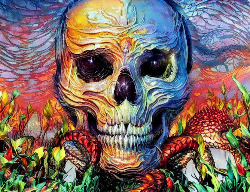 Colorful Skull Artwork with Rainbow Hues in Fiery Landscape