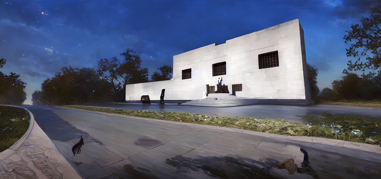 Modern building at twilight with curved path, greenery, sculptures, and planet in clear sky