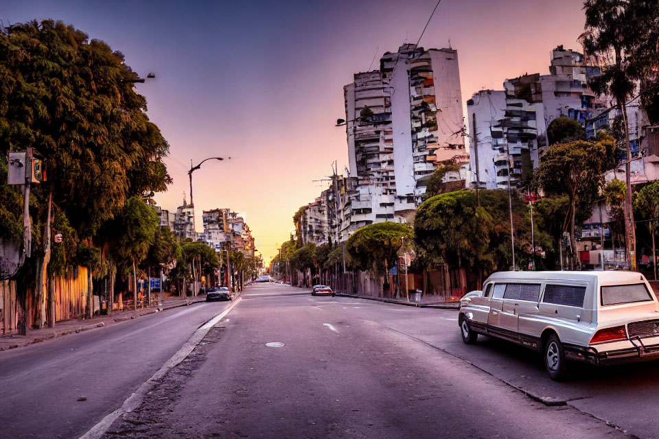 City street at sunset with trees, modern buildings, and white limousine