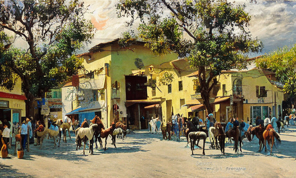 Colorful Street Scene Painting with People and Horses in Sunlit Square