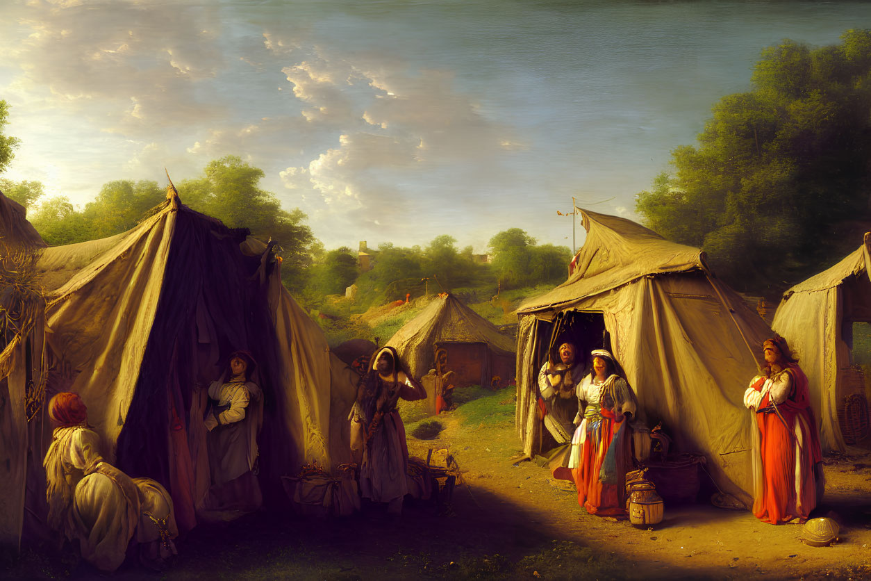 Rural Scene: Women by Canvas Tents, Lake, Cloudy Sky