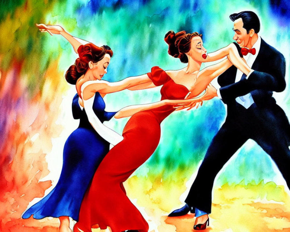 Colorful Watercolor Style Illustration of Three People Dancing in Elegant Attire