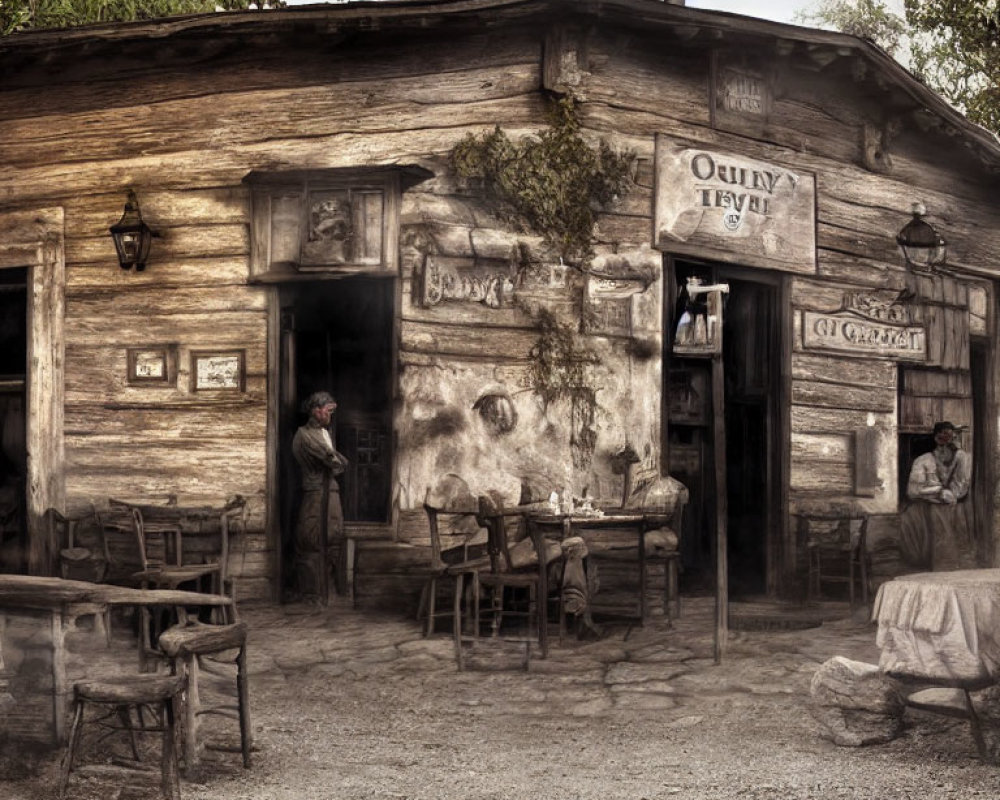 Rustic Old Tavern with Men Outside and Empty Tables