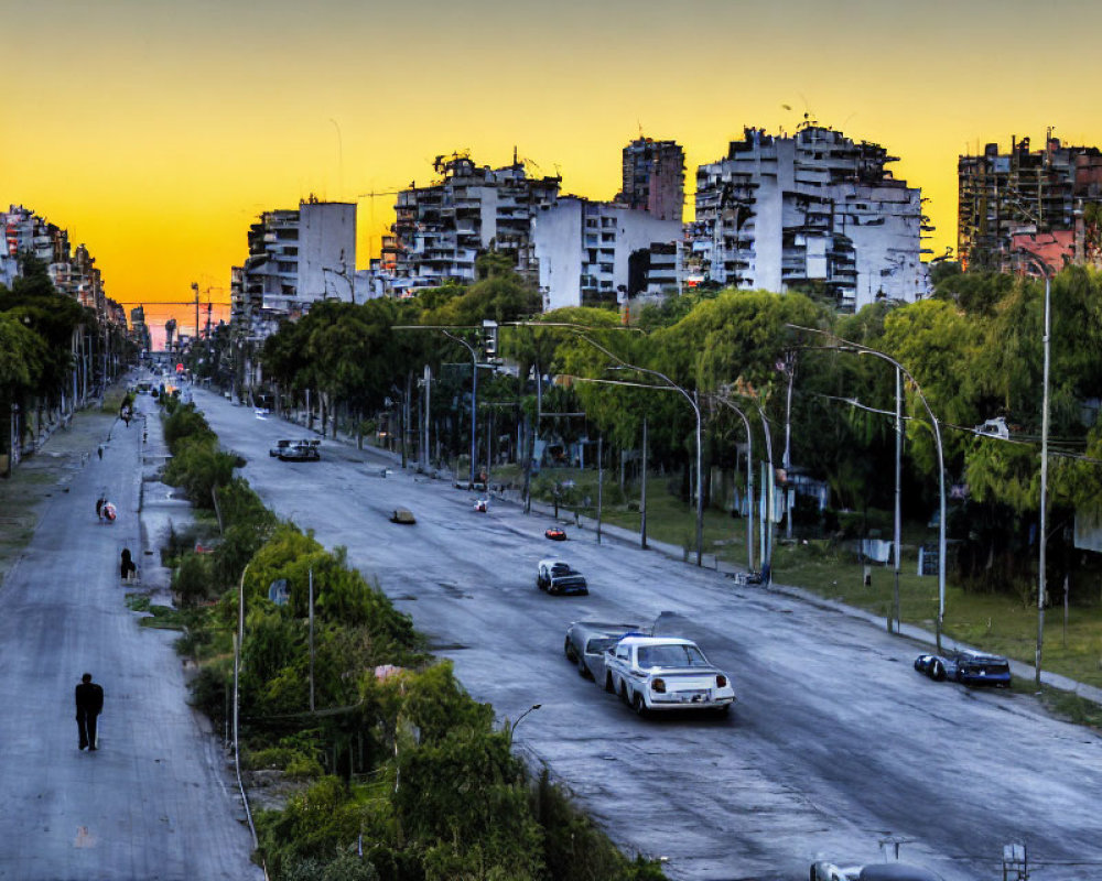 City street at dusk: cars, streetlights, pedestrians' silhouettes, high-rise buildings,