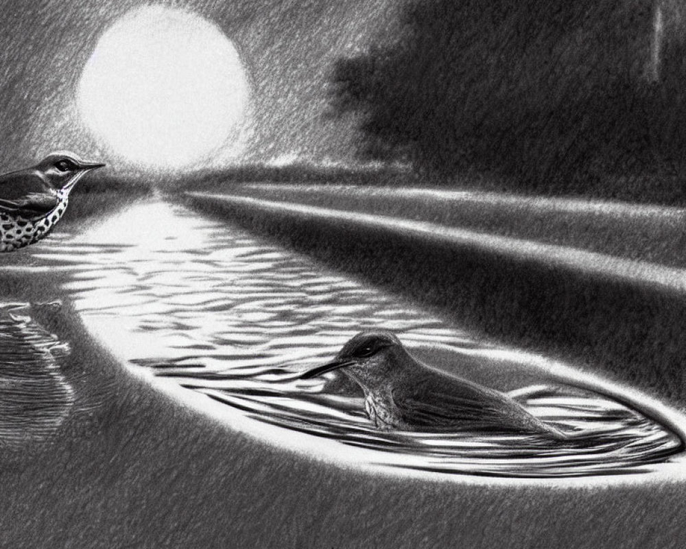 Bird swimming in water under moonlight with ripples and another bird on shore