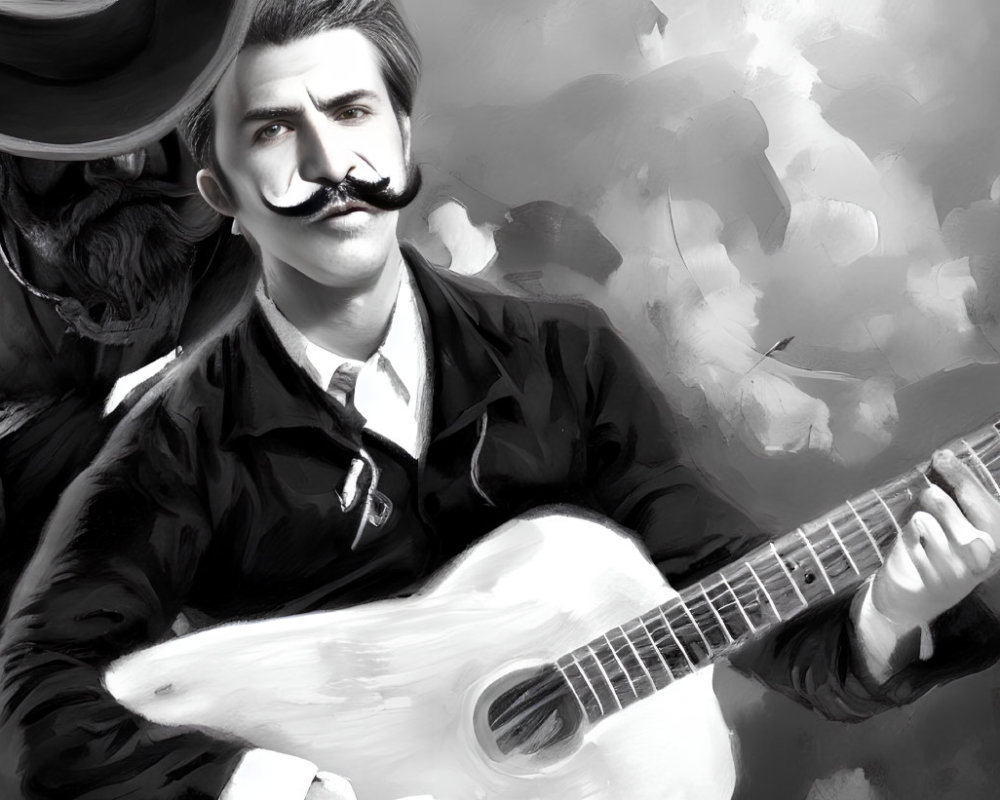 Monochrome drawing of man in vintage attire playing guitar